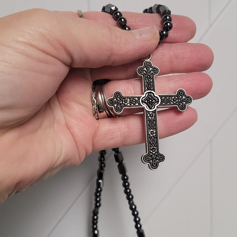 Stylish Black and Silver Cross Pendant Necklace